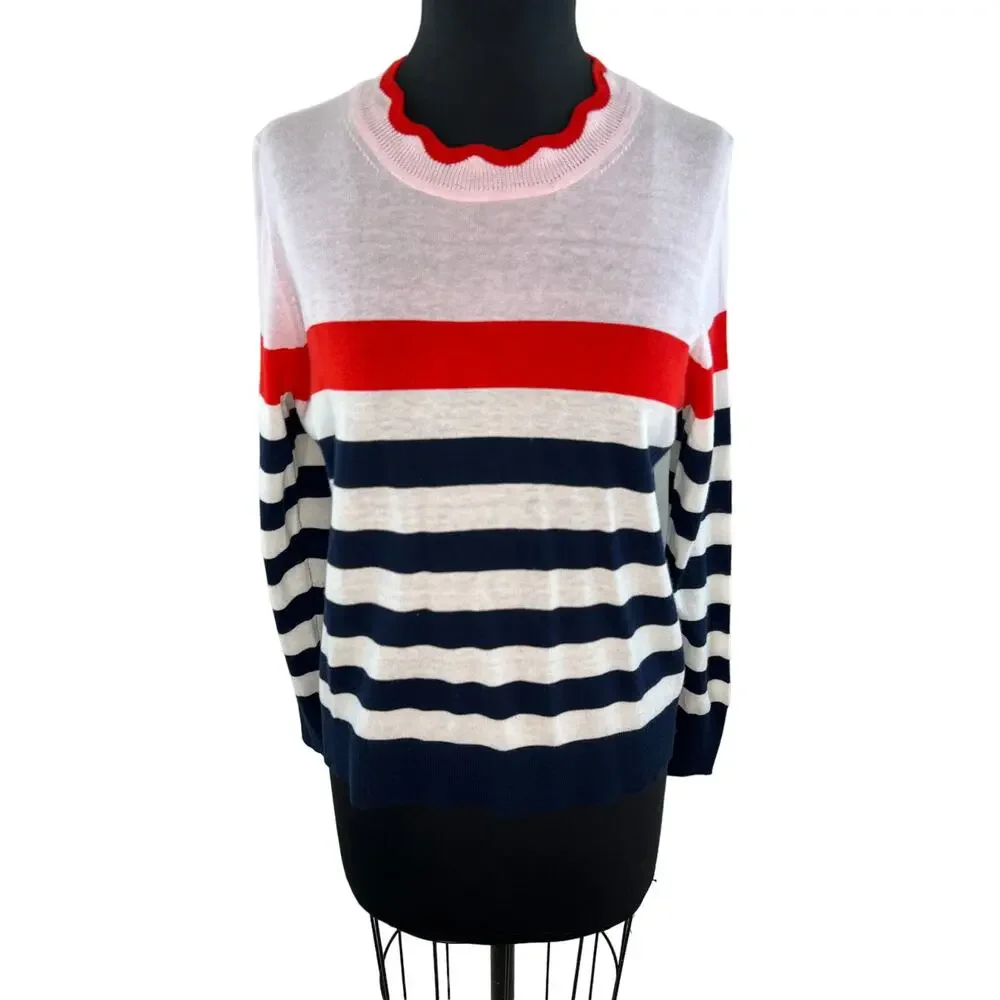 J. Crew Pink Red Blue Cotton Wool Scallop Trimmed Striped Pullover Sweater Sz S